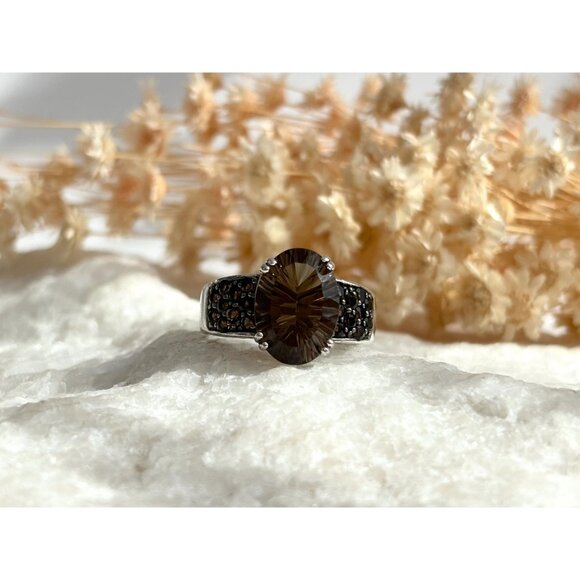Modernist Smokey Quartz Semi-Precious 925 Sterling SilverVintage Ring - sz 9 - Picture 7 of 14